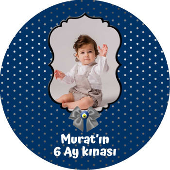 Gümüş Kurdela ile Lacivert Gümüş Puantiye Fon Temalı Akrilik Daire Magnet