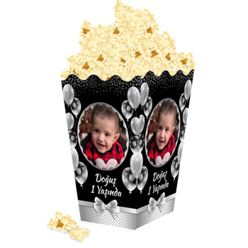 Gümüş Kurdele ile Balonlar Temalı Popcorn Kutusu