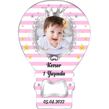 Gümüş Taçlı Çerçeve ile Pembe Çizgi Temalı Balon Ahşap Magnet 