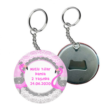 Gümüş Taçlı Pembe Flamingo Temalı Arkası Açacak Anahtarlık