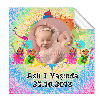Holi Temalı Parti Doğum Günü Kare Etiket
