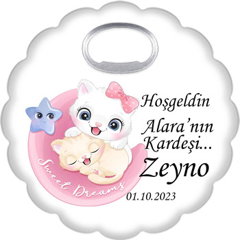 İki Kedi Kardeş Temalı Çiçek Şekilli Magnet Açacak