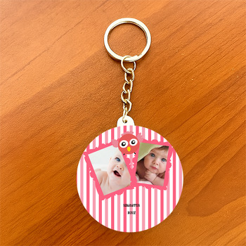 İki Resimli Pembe Baykuş Temalı Daire Plastik Anahtarlık