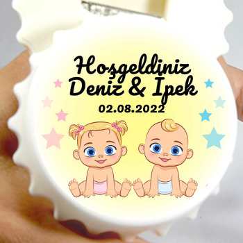 İkiz Bebekler Sarı Fon Temalı Kapak Şekilli Magnet Açacak