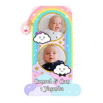 İkiz Bulut ve Gökkuşağı Temalı Doğum Günü Magnet
