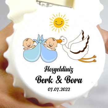 İkiz Erkek Bebek ile Leylek Temalı Kapak Şekilli Magnet Açacak