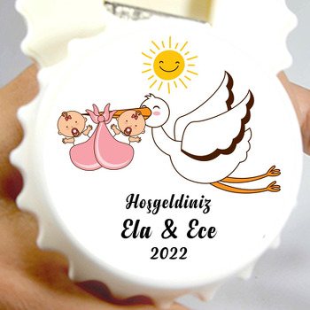 İkiz Kız Bebek ve Leylek Temalı Kapak Şekilli Magnet Açacak