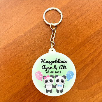 İkiz Kız Erkek Panda Temalı Daire Plastik Anahtarlık