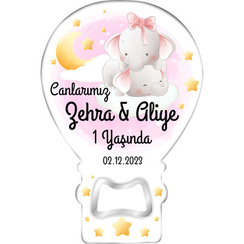İkiz Kız Kardeş Filler ile Yıldızlar Temalı Balon Ahşap Magnet 