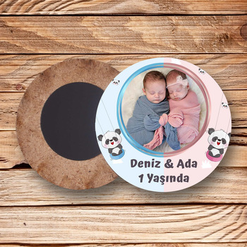 İkiz Panda Temalı Daire Ahşap Magnet