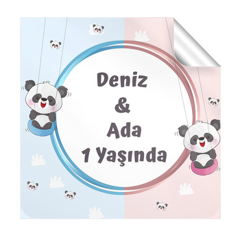 İkiz Panda Temalı Kare Parti Etiket