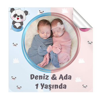 İkiz Panda Temalı Resimli Kare Parti Etiket