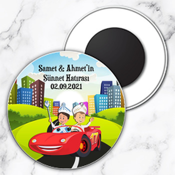 İkiz Sünnet Çocukları ile Araba Temalı Daire Plastik Magnet