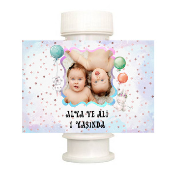İkiz Tavşan Temalı Köpük Baloncuk Etiketi