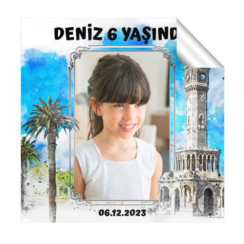 İzmir Saat Kulesi Temalı Kare Parti Etiket