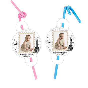 İzmir Siyah Beyaz Temalı Resimli Pipet ve Kartı