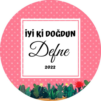 Kaktüs ile Pembe Puantiye Fon Temalı Akrilik Daire Magnet