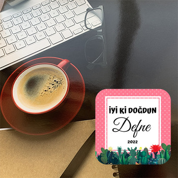 Kaktüs ile Pembe Puantiye Fon Temalı Bardak Altlığı