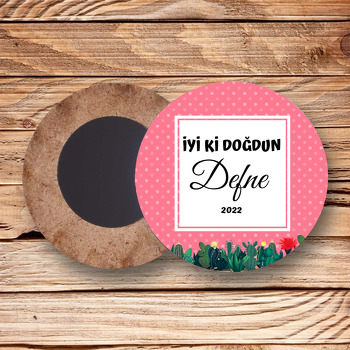 Kaktüs ile Pembe Puantiye Fon Temalı Daire Ahşap Magnet