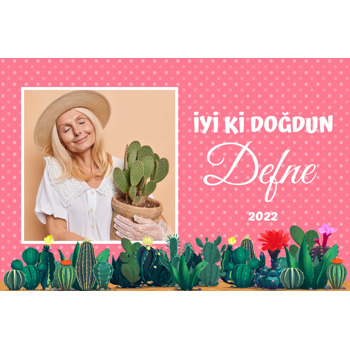 Kaktüs ile Pembe Puantiye Fon Temalı Doğum Günü Plastik Magnet