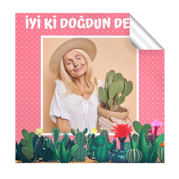 Kaktüs ile Pembe Puantiye Fon Temalı Resimli Kare Parti Etiket