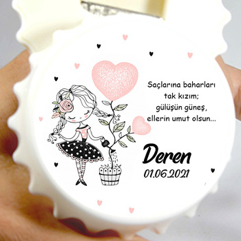 Kalp Çiçekli Sevimli Kız Temalı Kapak Şekilli Magnet Açacak