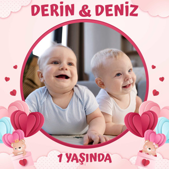 Kalpli Balonda İkiz Ayıcıklar Temalı Kare Doğum Günü Parti Afiş