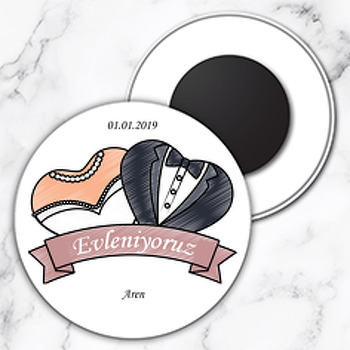 Kalpli Gelin Damat Figür Temalı Söz Nişan Nikah Daire Plastik Magnet