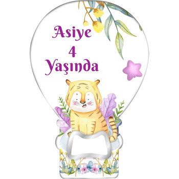 Kaplan ile Mor Yıldız ve Yapraklar Temalı Balon Ahşap Magnet 