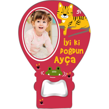 Kaplan ile Timsah Kırmızı Fon Temalı Balon Ahşap Magnet 