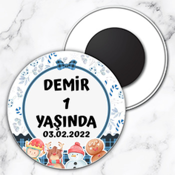 Kardan Adam ile Mavi Yılbaşı Temalı Daire Plastik Magnet