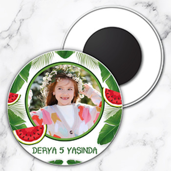 Karpuz ile Tropikal Yapraklar Temalı Daire Plastik Doğum Günü Magnet