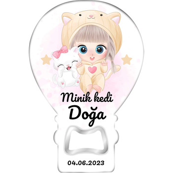 Kedi Pijamalı Kız ile Kedisi Temalı Balon Ahşap Magnet 