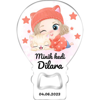 Kedili Bereli Kız ile Kedisi Temalı Balon Ahşap Magnet 