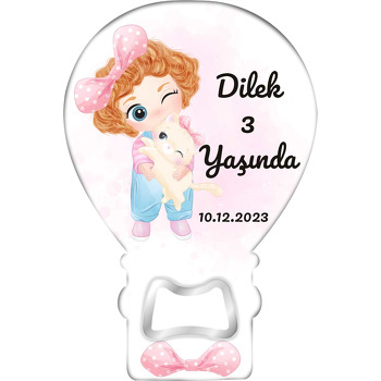 Kedisiyle Tulumlu Turuncu Saçlı Kız Çocuğu Temalı Balon Ahşap Magnet 
