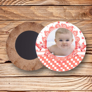 Kelebek Ve Nar Çiçeği Kırmızısı Temalı Resimli Ahşap Daire Magnet