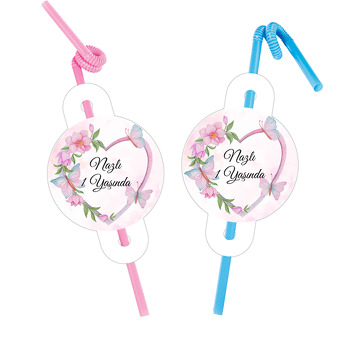 Kelebekler Kalp Çerçevede Temalı Pipet ve Kartı