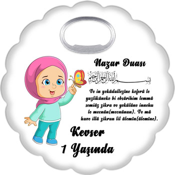 Kelebekli Kız ile Nazar Duası Temalı Çiçek Şekilli Magnet Açacak