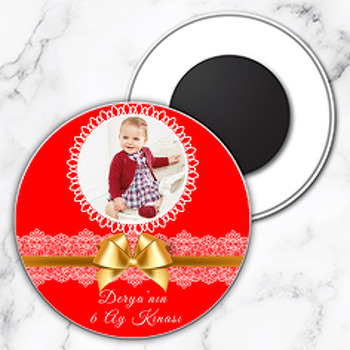 Kırmızı 6 Ay Kınası Temalı Resimli Daire Plastik Magnet