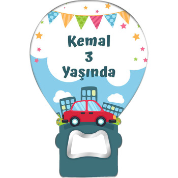 Kırmızı Araba ile Şehir Manzarası Temalı Balon Ahşap Magnet 