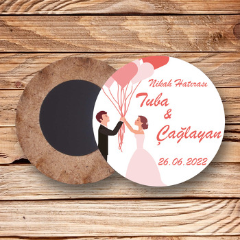 Kırmızı Balonlar ile Gelin Damat Temalı Daire Ahşap Magnet