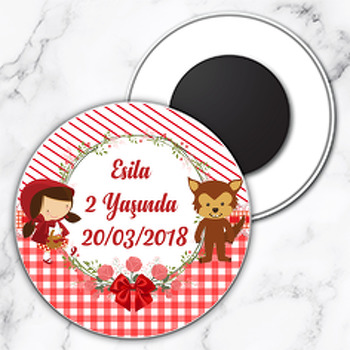 Kırmızı Başlıklı Kız ve Kurt Temalı Daire Plastik Magnet