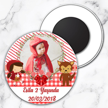 Kırmızı Başlıklı Kız ve Kurt Temalı Resimli Daire Plastik Magnet