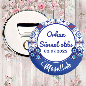 Kırmızı Beyaz Mavi Çini Desen ile Nazarlıklı Sünnet Temalı Magnet Açacak