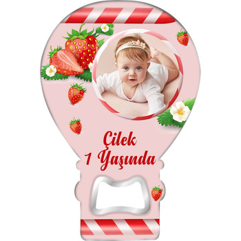 Kırmızı Beyaz Şeker ile Çilek Temalı Balon Ahşap Magnet 