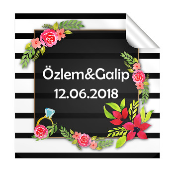 Kırmızı Çiçek Çerçeveli Söz Nişan Nikah Kare Etiket