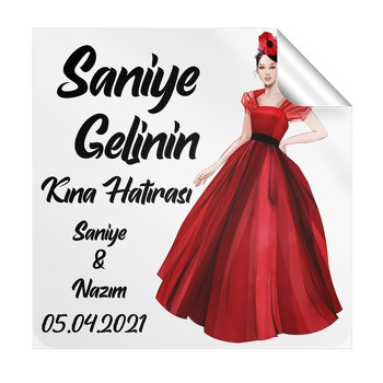 Kırmızı Çiçek Şapkalı Gelin ile Kına Hatırası Temalı Kare Parti Etiket