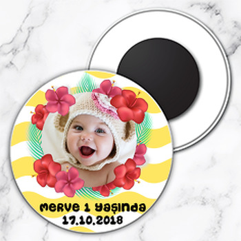 Kırmızı Çiçek Temalı Resimli Daire Plastik Magnet