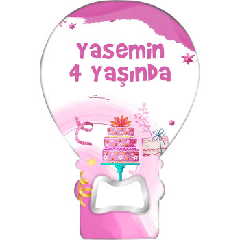 Kırmızı Çiçekli Pembe Pasta Temalı Balon Ahşap Magnet 