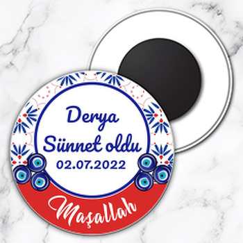 Kırmızı Çini Desende Nazar Boncuğu ile Sünnet Temalı Daire Plastik Magnet